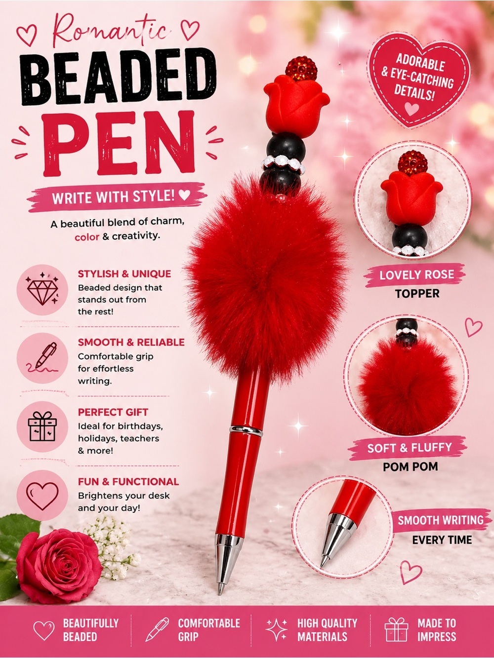 Hand Crafted Red Beaded Pom Pom Pen